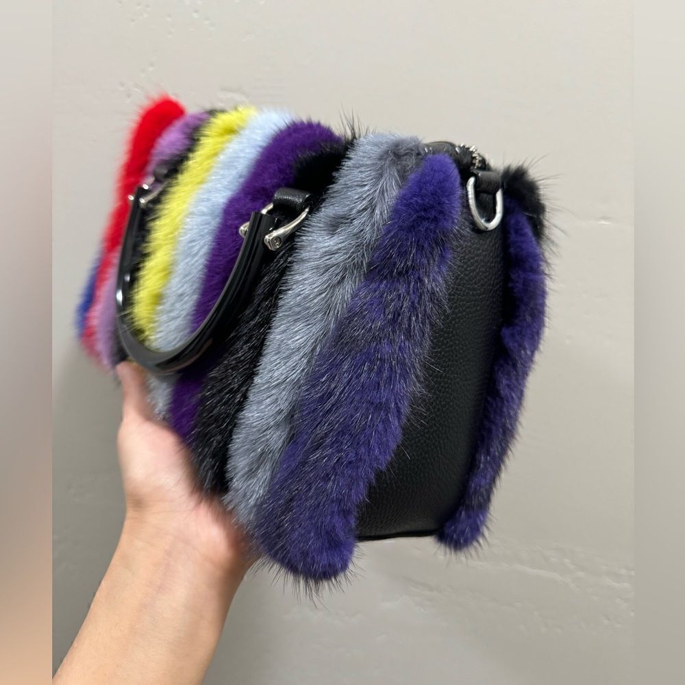Multi Way Use Handmade Color-block Real Mink Fur Top Handles Satchel/Crossbody - Picture 12 of 16